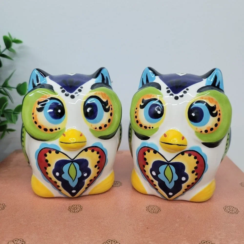 Colorful Ceramic Owl Salt & Pepper Shakers – Folk Art Style 🦉 - Picture 11 of 11